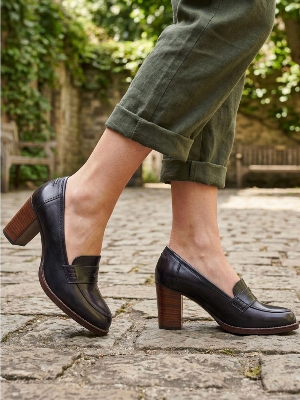 BODEN Black Leather Penny Loafer Heels Womens EU 38 Block Heel Pumps